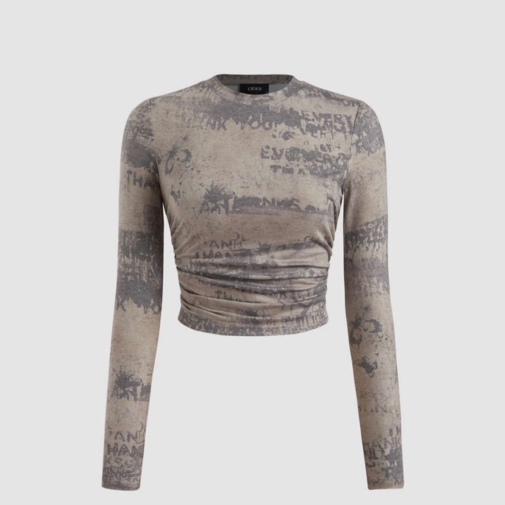 Round neckline tie dye ruched long sleeve top in grey